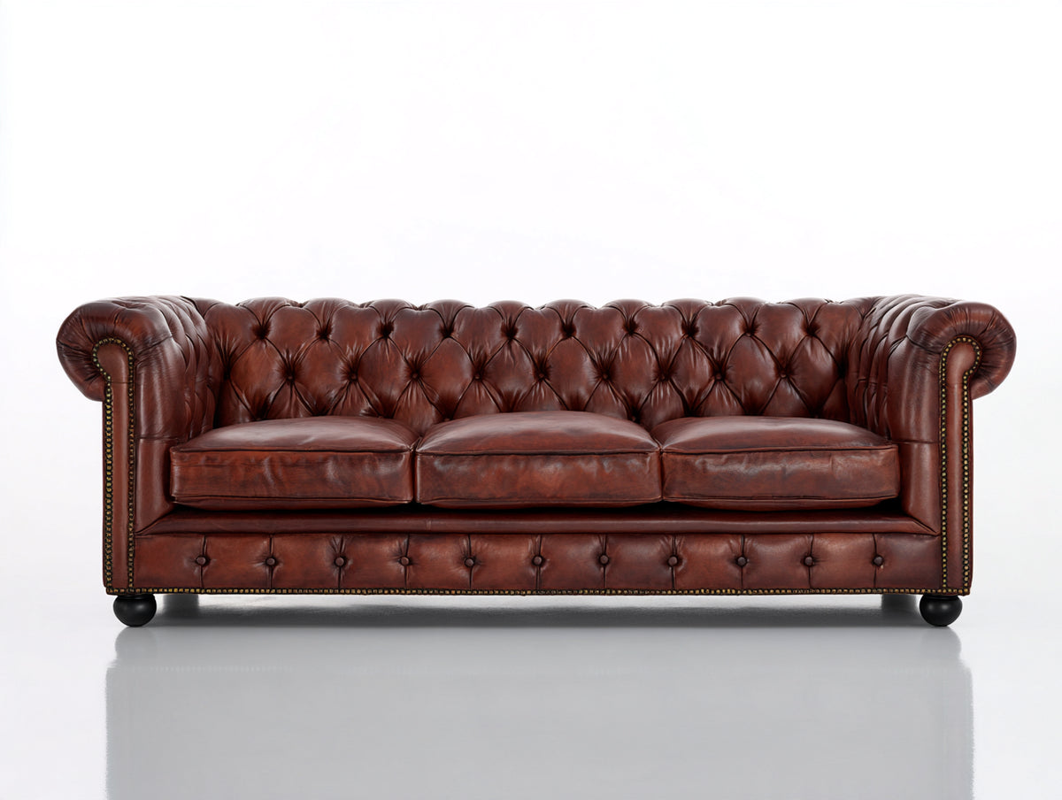 Canapé 3 places - Cuir - 232 x 100 x 78 cm - Marron acajou - Style Chesterfield classique