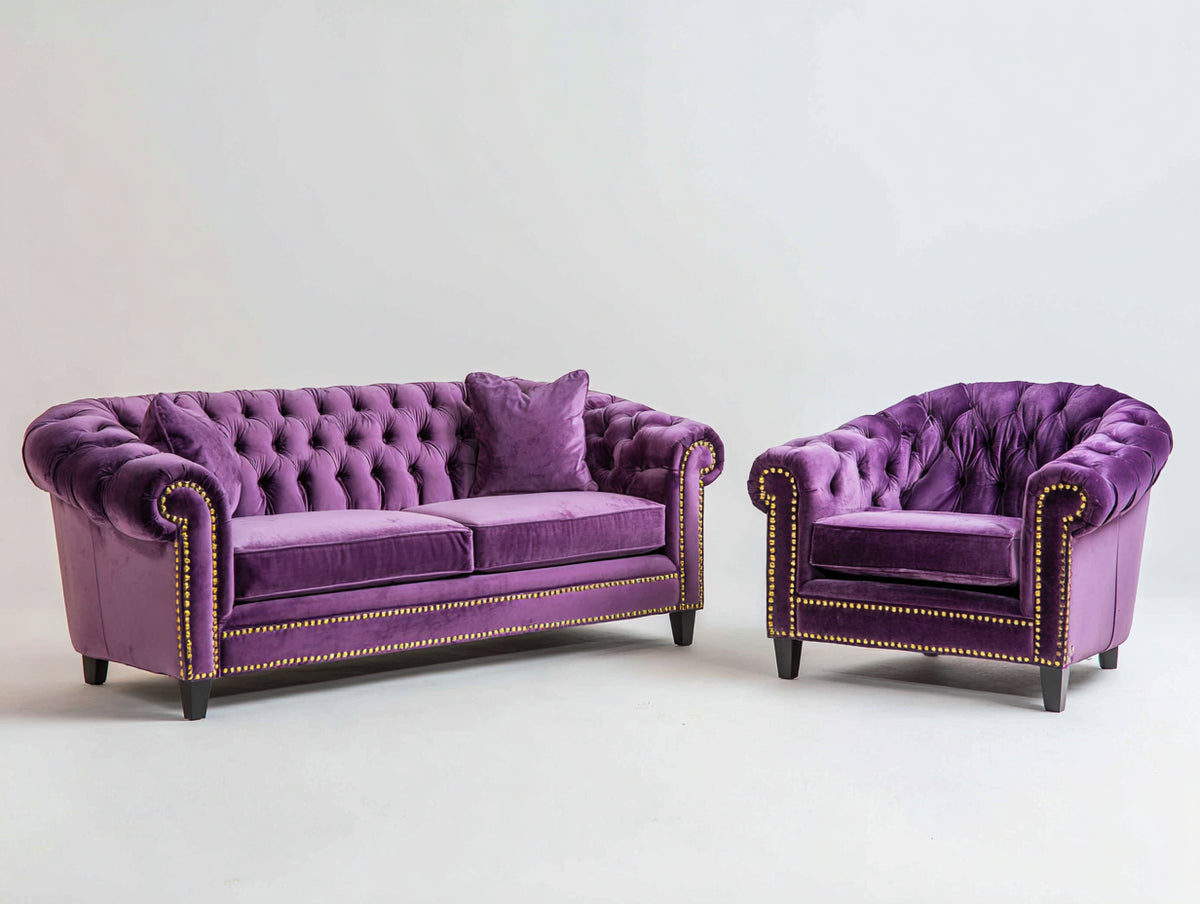 Ensemble de canapés - Velours - 192x93x84 cm - Violet - Style Chesterfield élégant