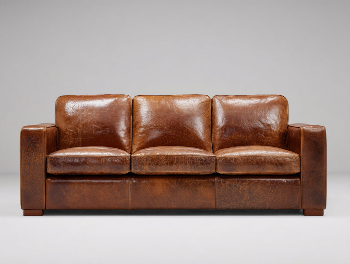 Canapé 3 places - Cuir - 215 x 94 x 87 cm - Marron cognac - Style contemporain vintage