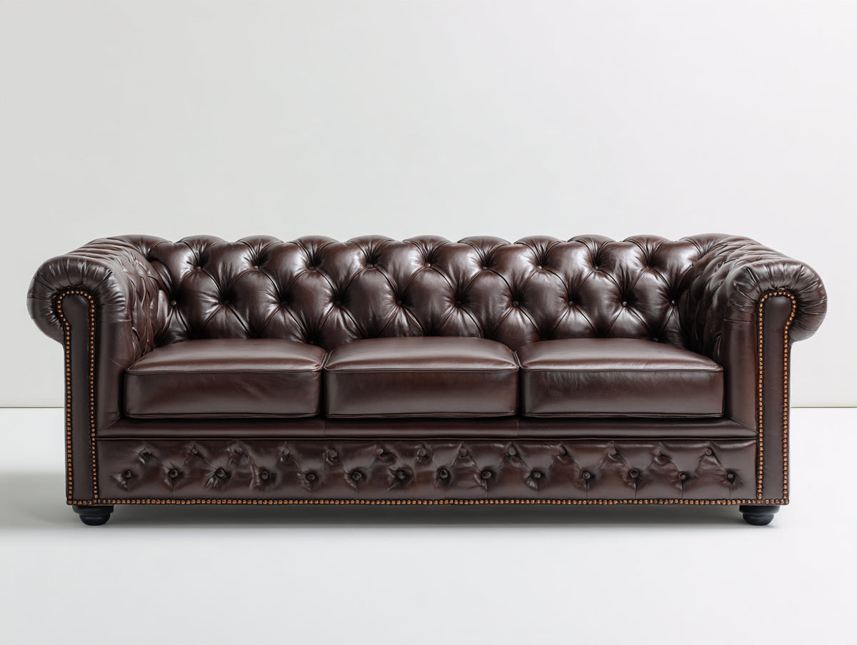 Canapé 3 places - Cuir - 229 x 101 x 78 cm - Marron foncé - Style Chesterfield classique