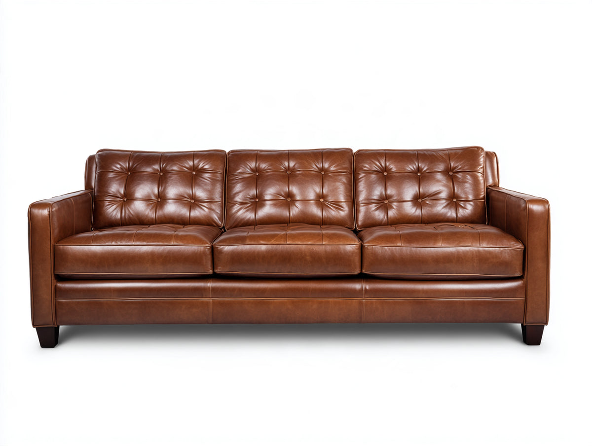 Canapé 3 places - Cuir - 214 x 92 x 87 cm - Marron cognac - Style moderne classique