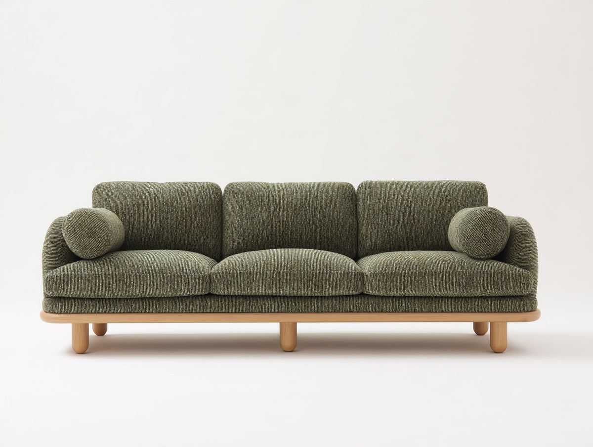 Canapé 3 places - Tissu-Bois - 220 x 94 x 82 cm - Vert olive-Bois naturel - Style scandinave contemporain