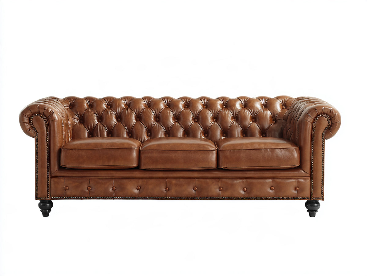 Canapé 3 places - Cuir - 220 x 97 x 79 cm - Marron caramel - Style Chesterfield classique