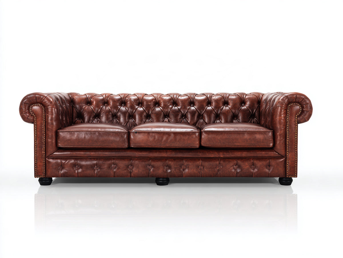 Canapé 3 places - Cuir - 231 x 100 x 79 cm - Marron acajou - Style Chesterfield traditionnel