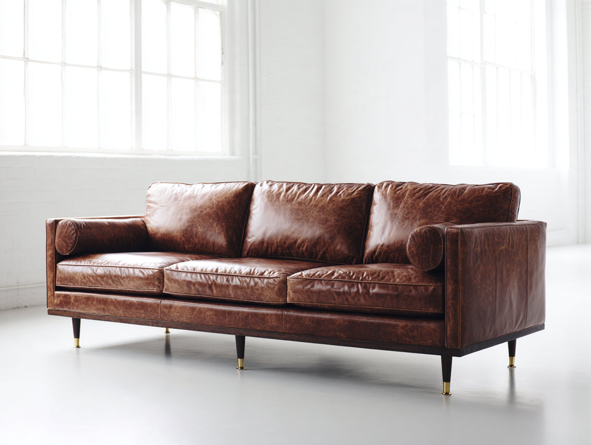 Canapé 3 places - Cuir - 228 x 96 x 86 cm - Marron cognac - Style vintage contemporain