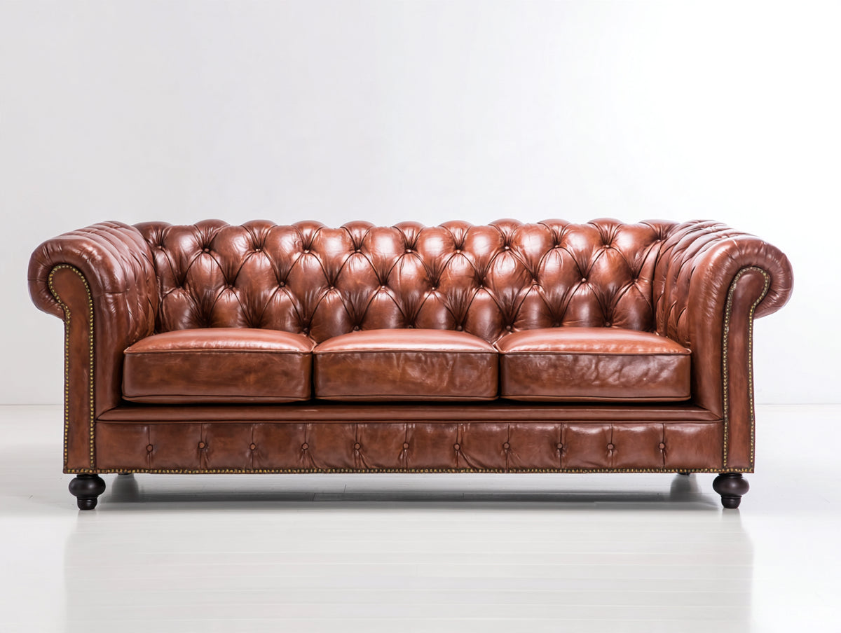 Canapé 3 places - Cuir - 226 x 99 x 82 cm - Marron acajou - Style Chesterfield traditionnel