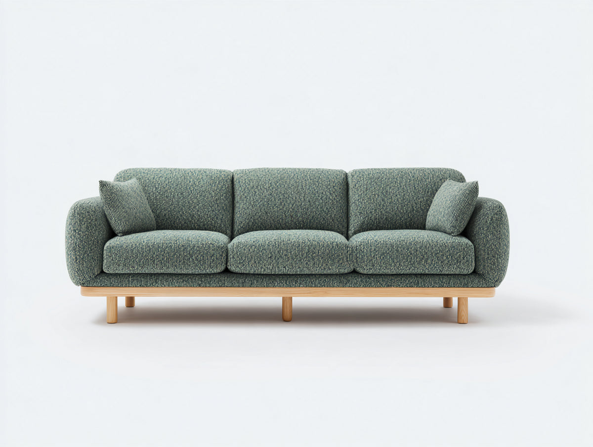 Canapé 3 places - Tissu-Bois - 224 x 96 x 83 cm - Vert sauge-Bois naturel - Style moderne organique