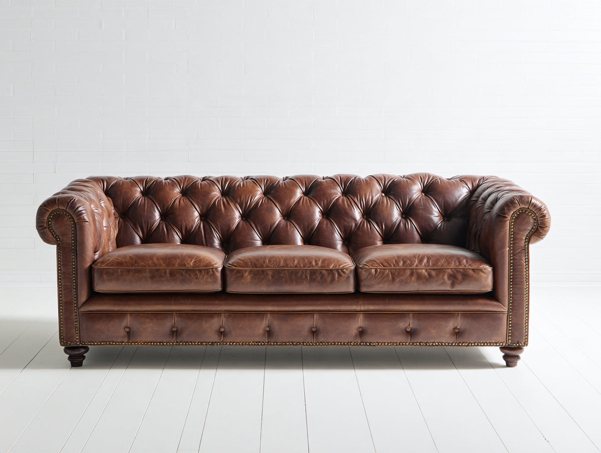 Canapé 3 places - Cuir - 223 x 98 x 80 cm - Marron cognac - Style Chesterfield vintage